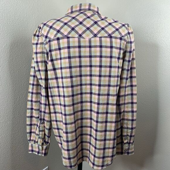 Sundance Pearl Snap Buttons Plaid L/S Shirt Purple Pink Puff Shoulder Sz M - Picture 5 of 7